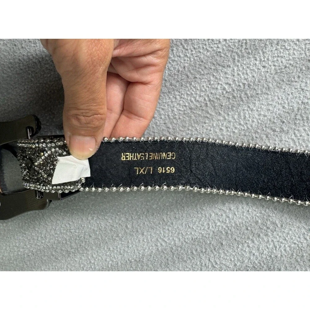 Women’s Rhinestone Western Belt Genuine Leather L/XL Silver Black 6516